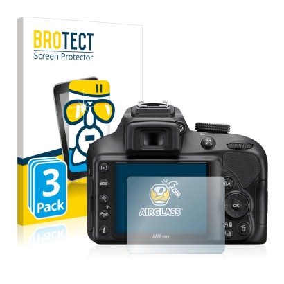 Front side of a product packaging with the brand logo BROTECT. Next to it is the device Nikon D3400 shown with the correspondi