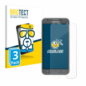 Parte frontal de un envase de producto con el logotipo de la marca BROTECT. Al lado se muestra el dispositivo Samsung Galaxy J