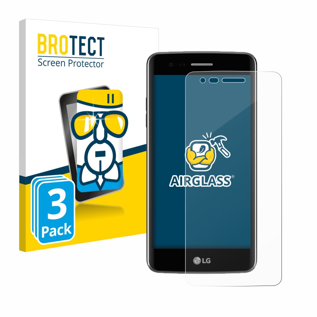 Front side of a product packaging with the brand logo BROTECT. Next to it is the device LG K8 2017 shown with the correspondin