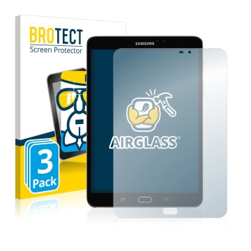 Vorderseite einer Produktverpackung mit dem Markenlogo BROTECT. Daneben ist das Gerät Samsung Galaxy Tab Tab S2 8.0 WiFi mit d