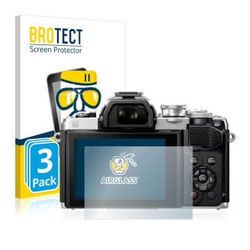 Front side of a product packaging with the brand logo BROTECT. Next to it is the device Olympus OM-D E-M10 Mark III shown with