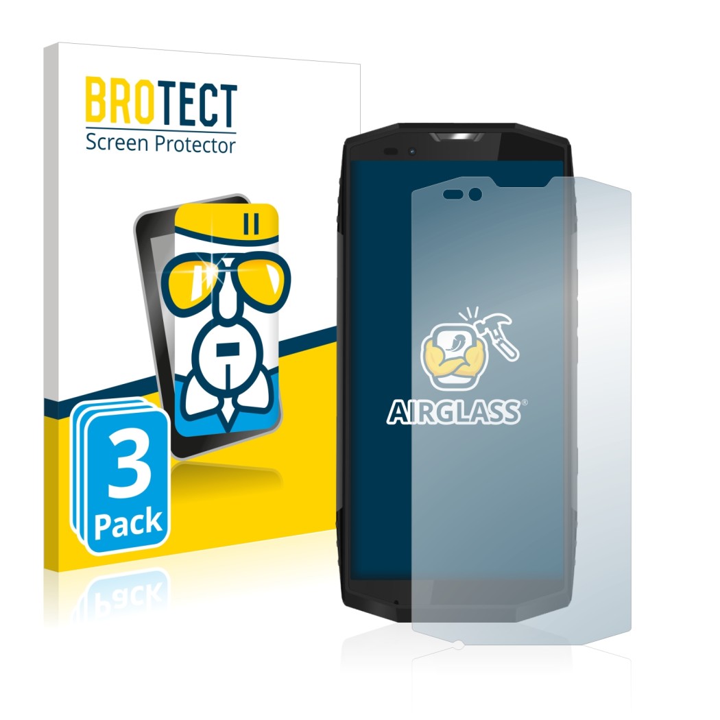 Parte frontal de un envase de producto con el logotipo de la marca BROTECT. Al lado se muestra el dispositivo Blackview BV9000