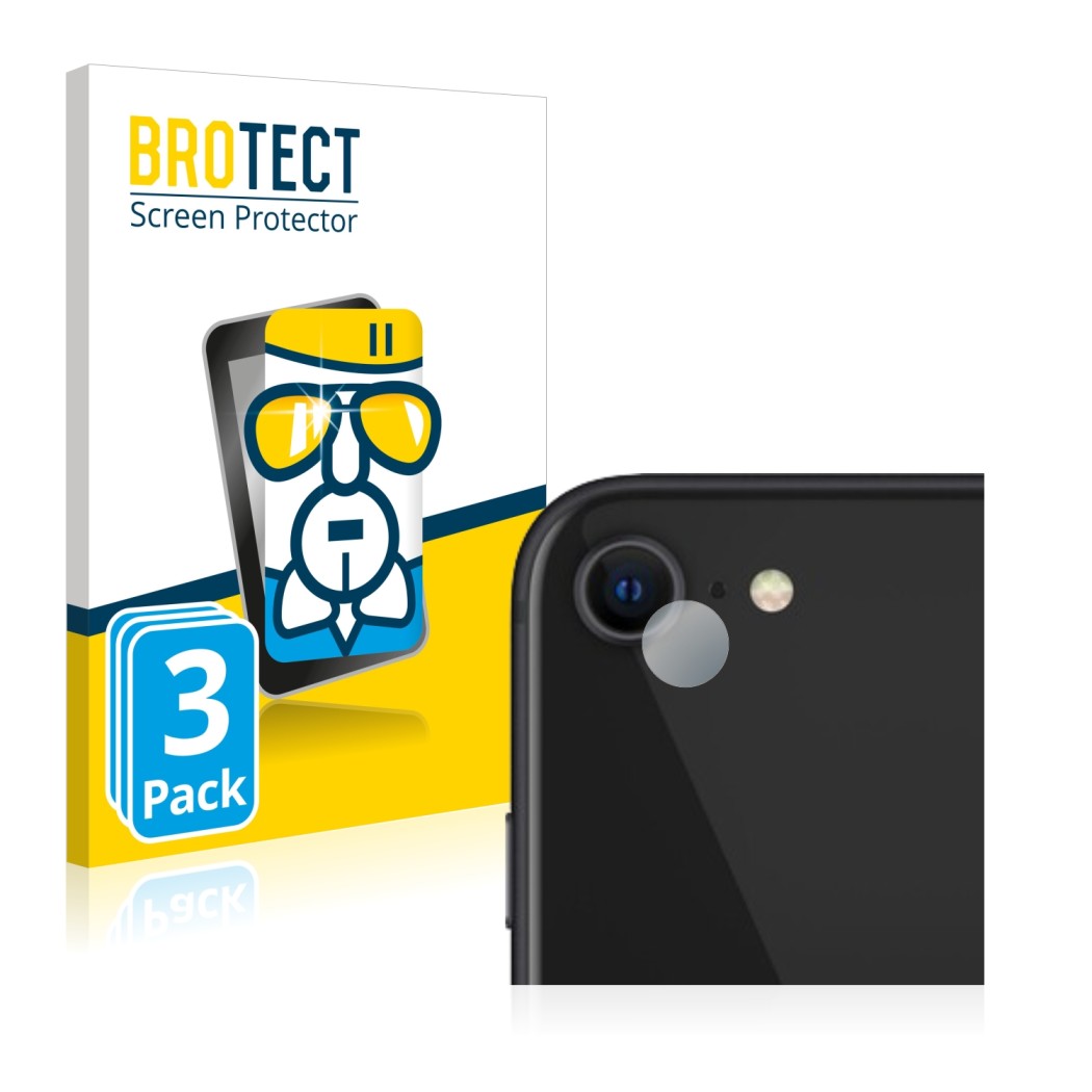 Parte frontal de un envase de producto con el logotipo de la marca BROTECT. Al lado se muestra el dispositivo Apple iPhone SE 