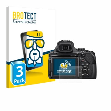 Front side of a product packaging with the brand logo BROTECT. Next to it is the device Nikon Coolpix P1000 shown with the cor
