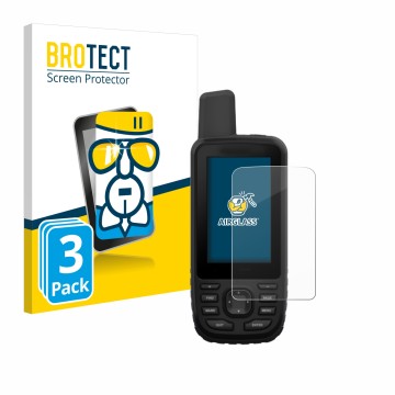 Front side of a product packaging with the brand logo BROTECT. Next to it is the device Garmin GPSMAP 66st shown with the corr