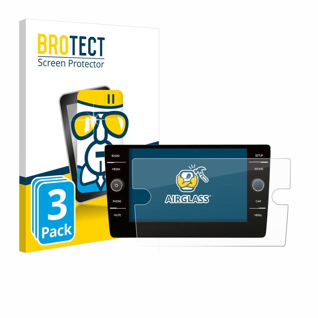 Front side of a product packaging with the brand logo BROTECT. Next to it is the device Volkswagen Golf 7 2019 Discover Media 