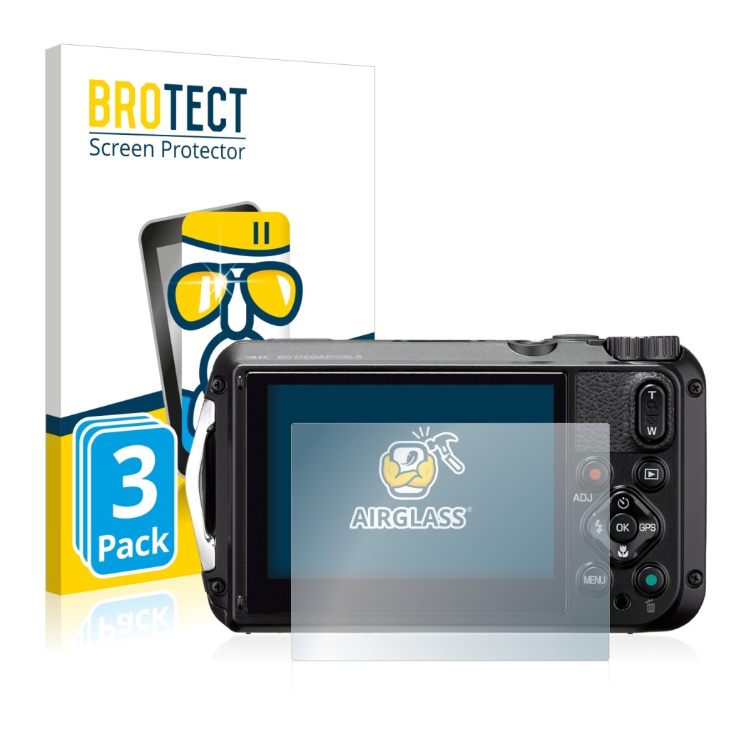 Parte frontale di una confezione del prodotto con il logo del marchio BROTECT. Accanto è raffigurato il dispositivo Ricoh WG-6