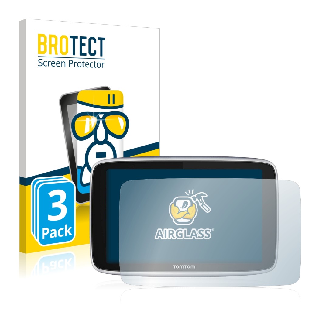 Front side of a product packaging with the brand logo BROTECT. Next to it is the device TomTom GO Premium (5