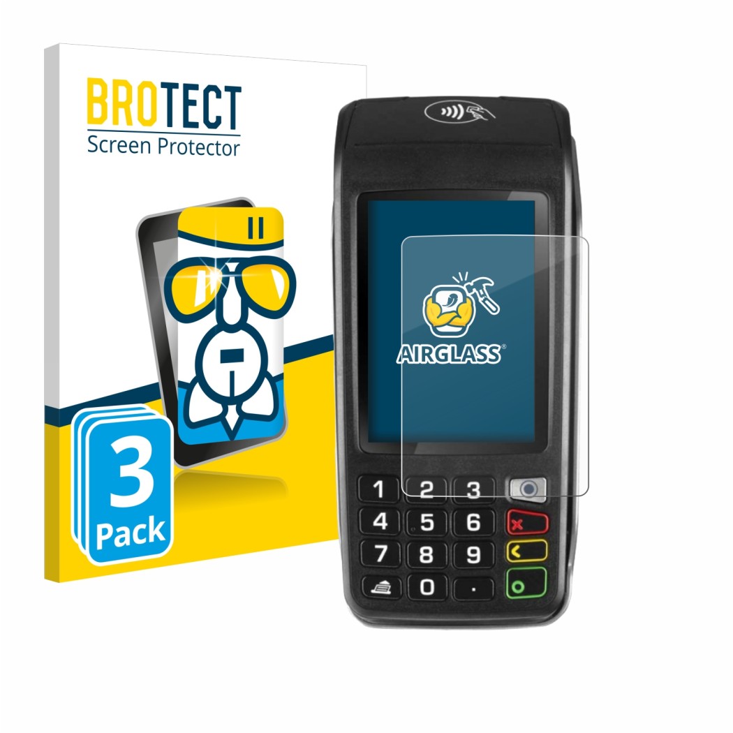 Front side of a product packaging with the brand logo BROTECT. Next to it is the device ingenico Move/5000 shown with the corr