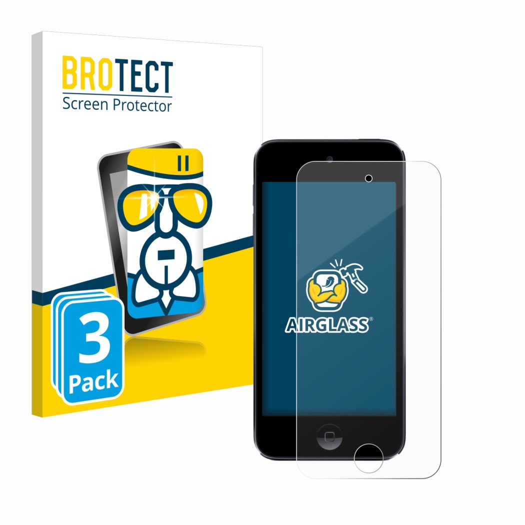 Vorderseite einer Produktverpackung mit dem Markenlogo BROTECT. Daneben ist das Gerät Apple iPod Touch (7. Gen.) mit dem zugeh