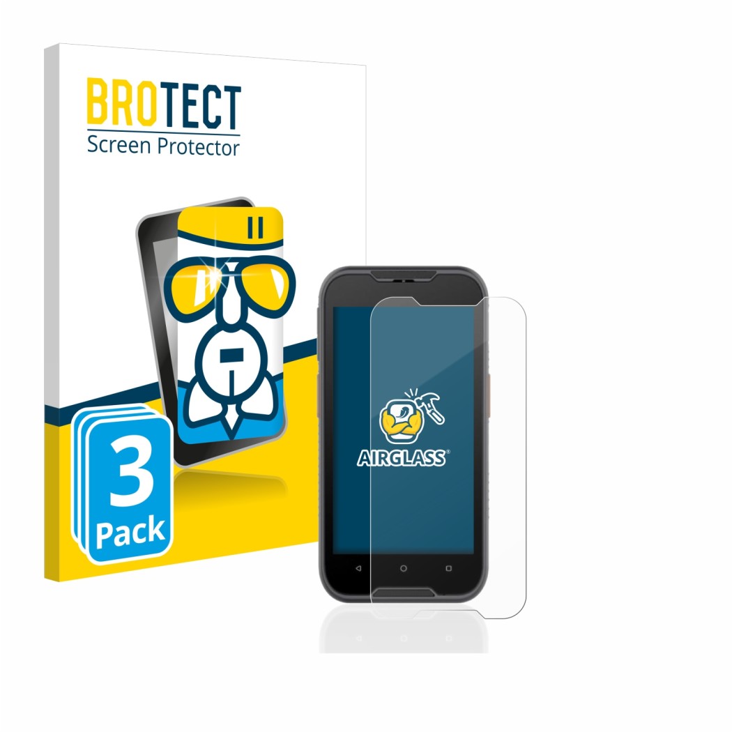 Vorderseite einer Produktverpackung mit dem Markenlogo BROTECT. Daneben ist das Gerät Datalogic Memor 10 mit dem zugehörigen D