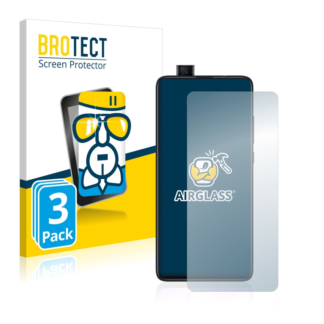 Vorderseite einer Produktverpackung mit dem Markenlogo BROTECT. Daneben ist das Gerät Xiaomi Mi 9T Pro mit dem zugehörigen Dis