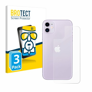 Front side of a product packaging with the brand logo BROTECT. Next to it is the device Apple iPhone 11 (Back) shown with the 