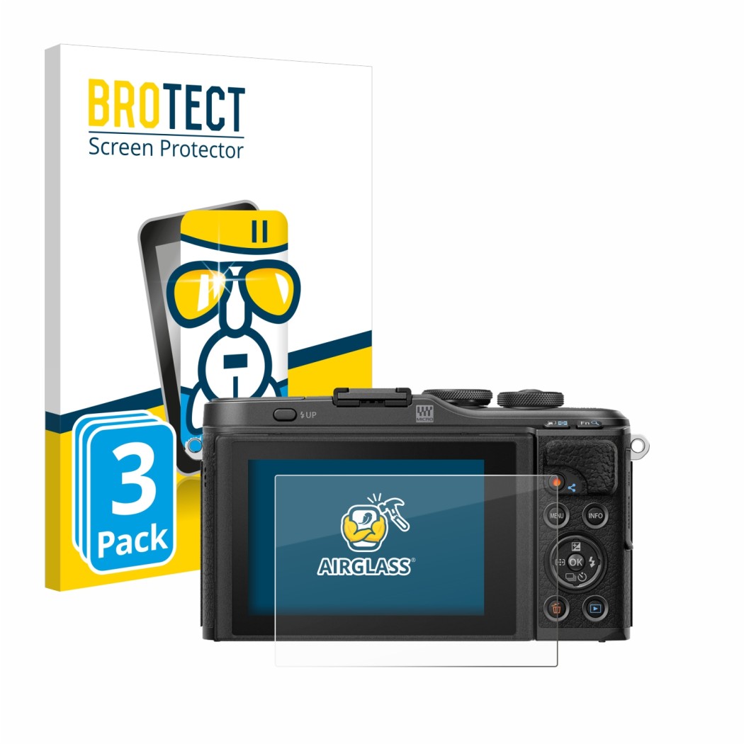 Front side of a product packaging with the brand logo BROTECT. Next to it is the device Olympus PEN E-PL10 shown with the corr