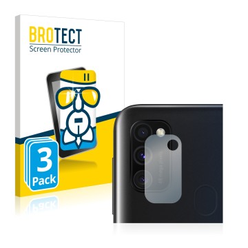Front side of a product packaging with the brand logo BROTECT. Next to it is the device Samsung Galaxy M30s (ONLY Camera Lens)