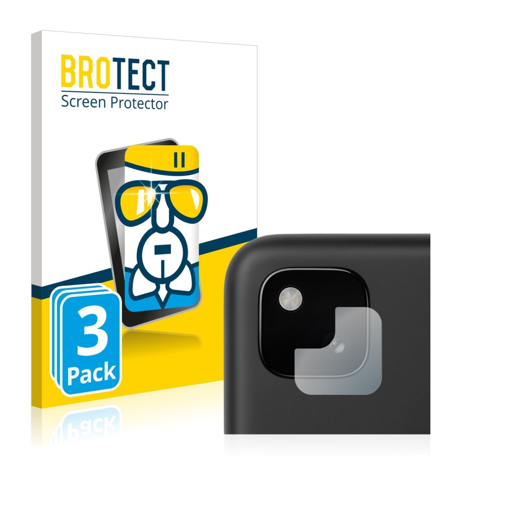 Parte frontal de un envase de producto con el logotipo de la marca BROTECT. Al lado se muestra el dispositivo Google Pixel 4a 