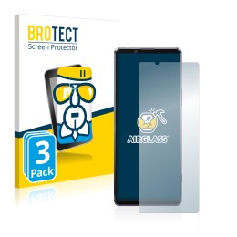 Front side of a product packaging with the brand logo BROTECT. Next to it is the device Sony Xperia 1 II shown with the corres