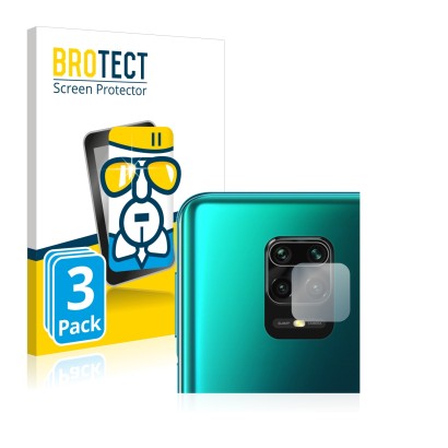 Vorderseite einer Produktverpackung mit dem Markenlogo BROTECT. Daneben ist das Gerät Xiaomi Redmi Note 9 Pro Max (NUR Kameras