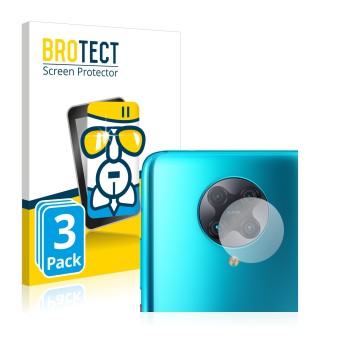 Face avant d’un emballage produit avec le logo de la marque BROTECT. À côté, l’appareil Xiaomi Poco F2 Pro (Caméra UNIQUEMENT)