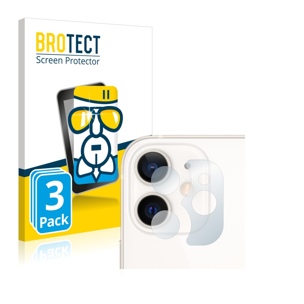 Face avant d’un emballage produit avec le logo de la marque BROTECT. À côté, l’appareil Apple iPhone 12 mini (Caméra UNIQUEMEN