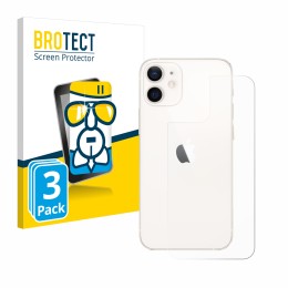 Face avant d’un emballage produit avec le logo de la marque BROTECT. À côté, l’appareil Apple iPhone 12 mini (Arrière) est rep