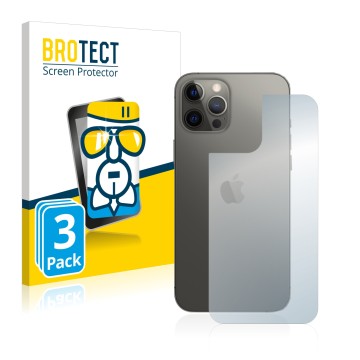 Front side of a product packaging with the brand logo BROTECT. Next to it is the device Apple iPhone 12 Pro Max (Back) shown w