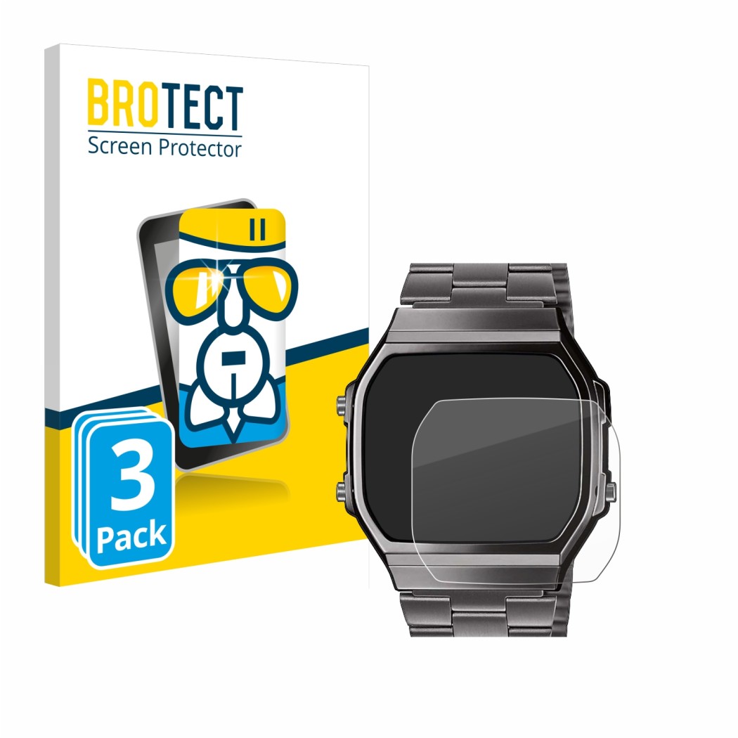 Parte frontale di una confezione del prodotto con il logo del marchio BROTECT. Accanto è raffigurato il dispositivo Casio A168