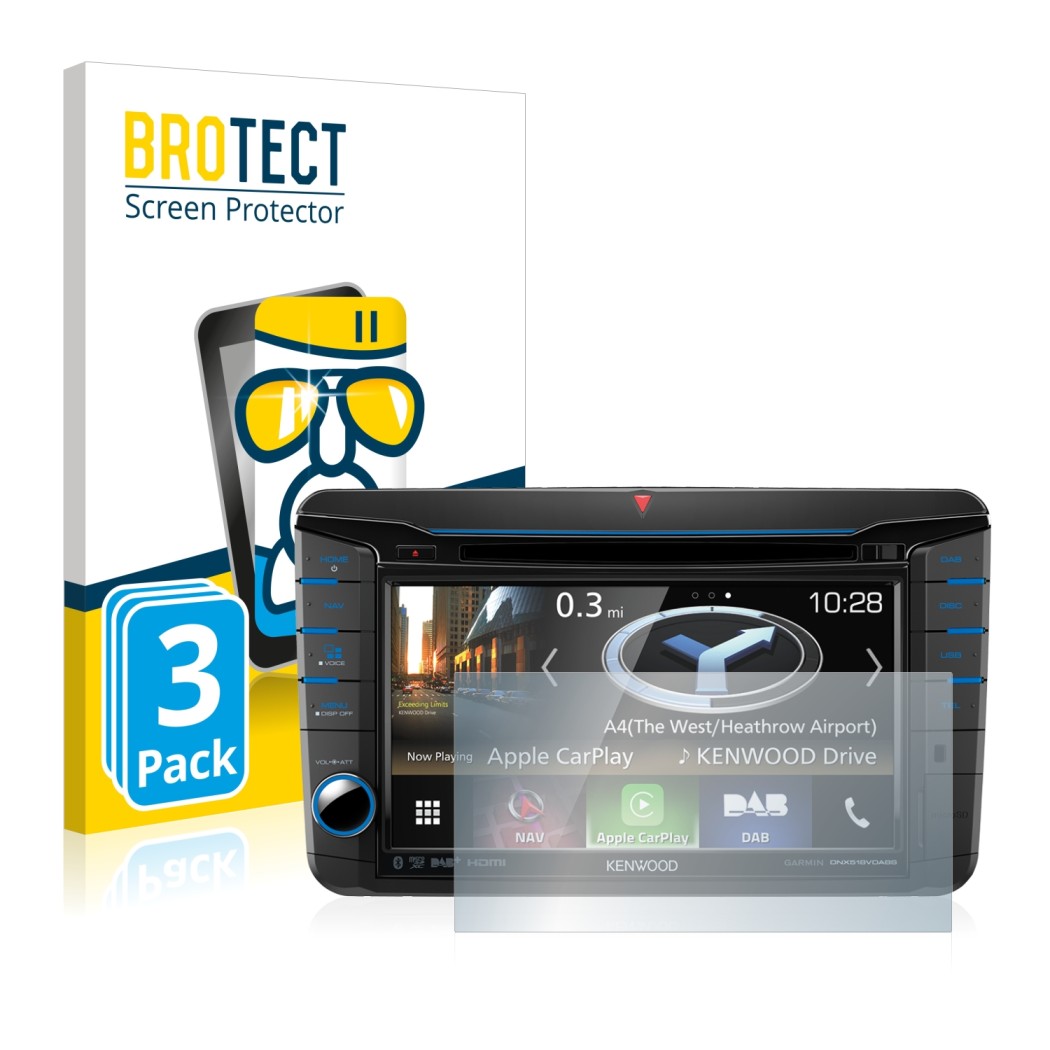 Vorderseite einer Produktverpackung mit dem Markenlogo BROTECT. Daneben ist das Gerät Kenwood DNX518VDABS mit dem zugehörigen 