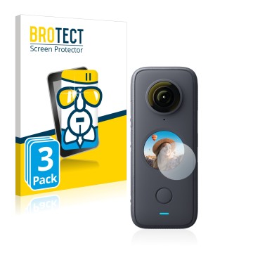 Parte frontale di una confezione del prodotto con il logo del marchio BROTECT. Accanto è raffigurato il dispositivo Insta360 O