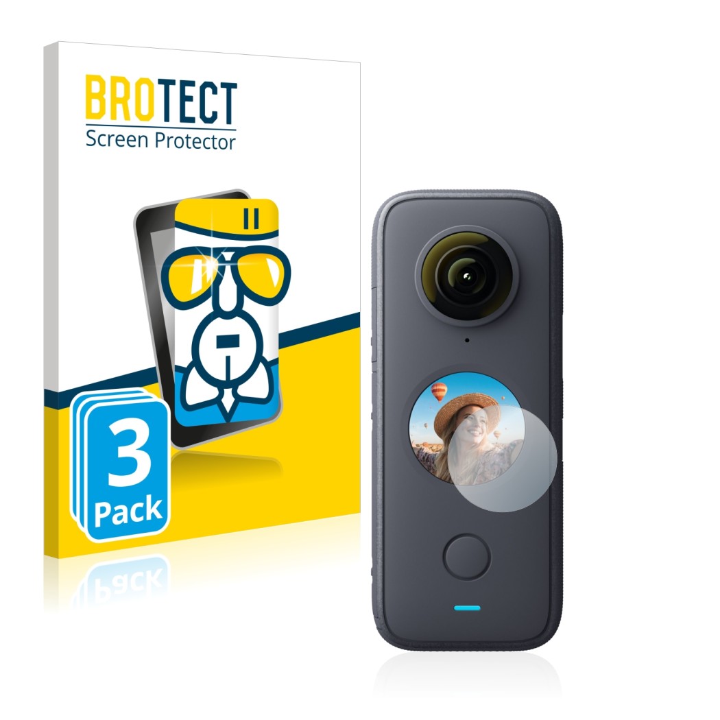 Face avant d’un emballage produit avec le logo de la marque BROTECT. À côté, l’appareil Insta360 One X2 est représenté avec la