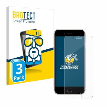 Vorderseite einer Produktverpackung mit dem Markenlogo BROTECT. Daneben ist das Gerät Apple iPhone SE 3 2022 mit dem zugehörig