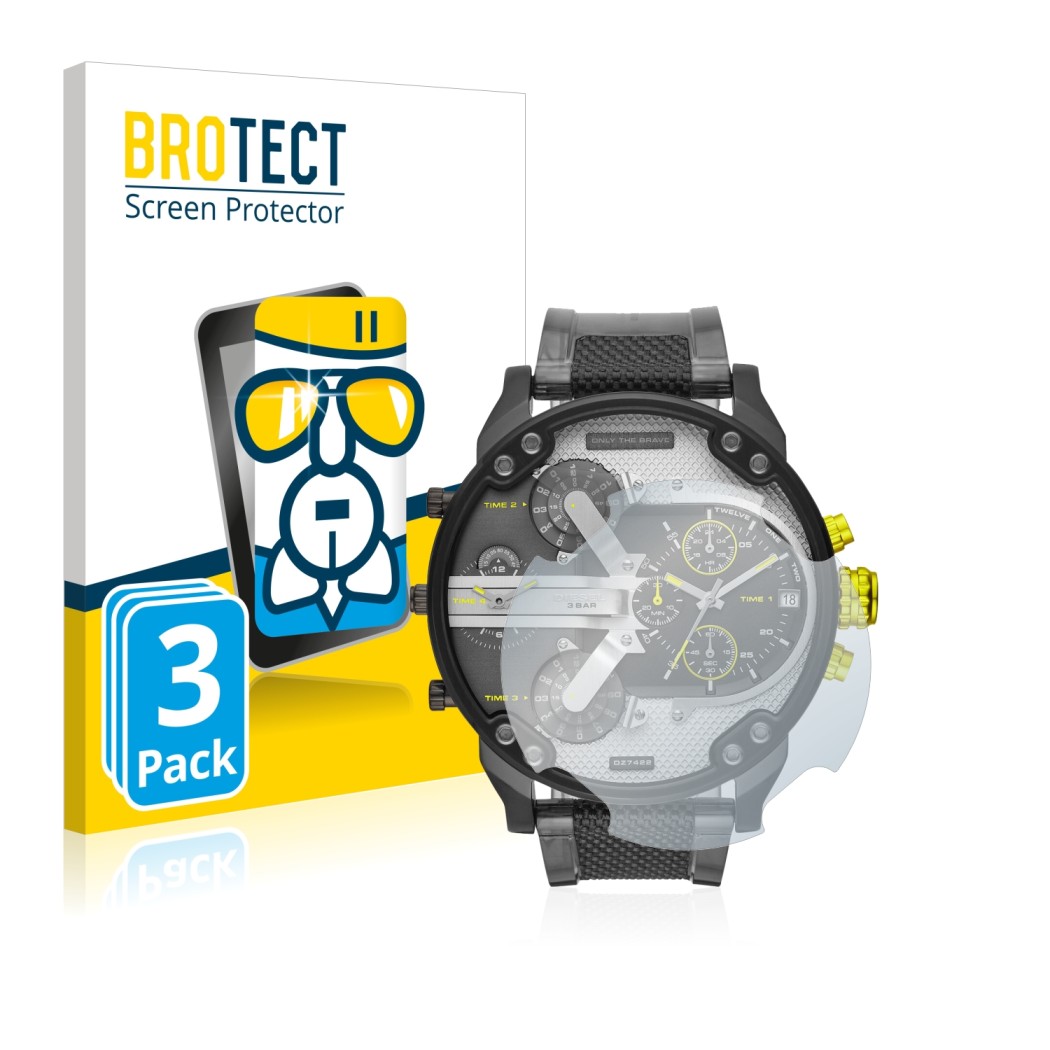 Vorderseite einer Produktverpackung mit dem Markenlogo BROTECT. Daneben ist das Gerät Diesel DZ7422 Mr. Daddy 2.0 mit dem zuge