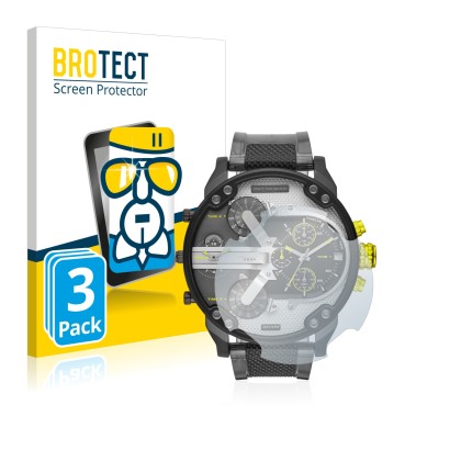 Vorderseite einer Produktverpackung mit dem Markenlogo BROTECT. Daneben ist das Gerät Diesel DZ7422 Mr. Daddy 2.0 mit dem zuge