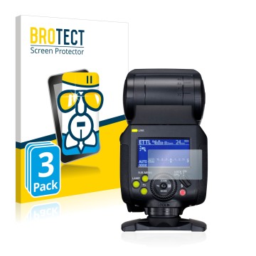 Face avant d’un emballage produit avec le logo de la marque BROTECT. À côté, l’appareil Canon Speedlite EL-1 est représenté av