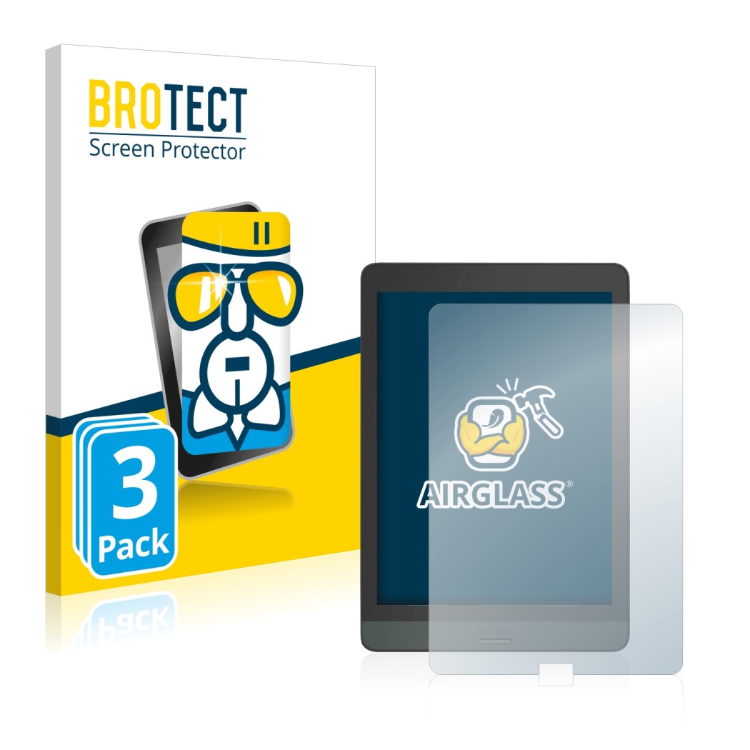 Front side of a product packaging with the brand logo BROTECT. Next to it is the device Boox Nova 3 shown with the correspondi