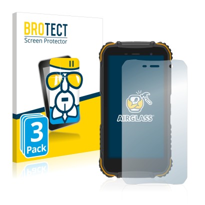 Front side of a product packaging with the brand logo BROTECT. Next to it is the device Doogee S35 shown with the correspondin