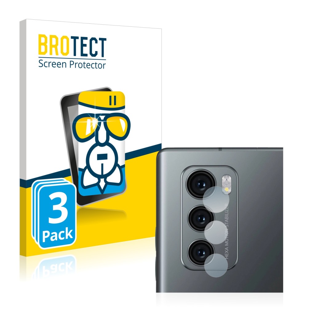 Vorderseite einer Produktverpackung mit dem Markenlogo BROTECT. Daneben ist das Gerät LG Wing (NUR Kameraschutz) mit dem zugeh