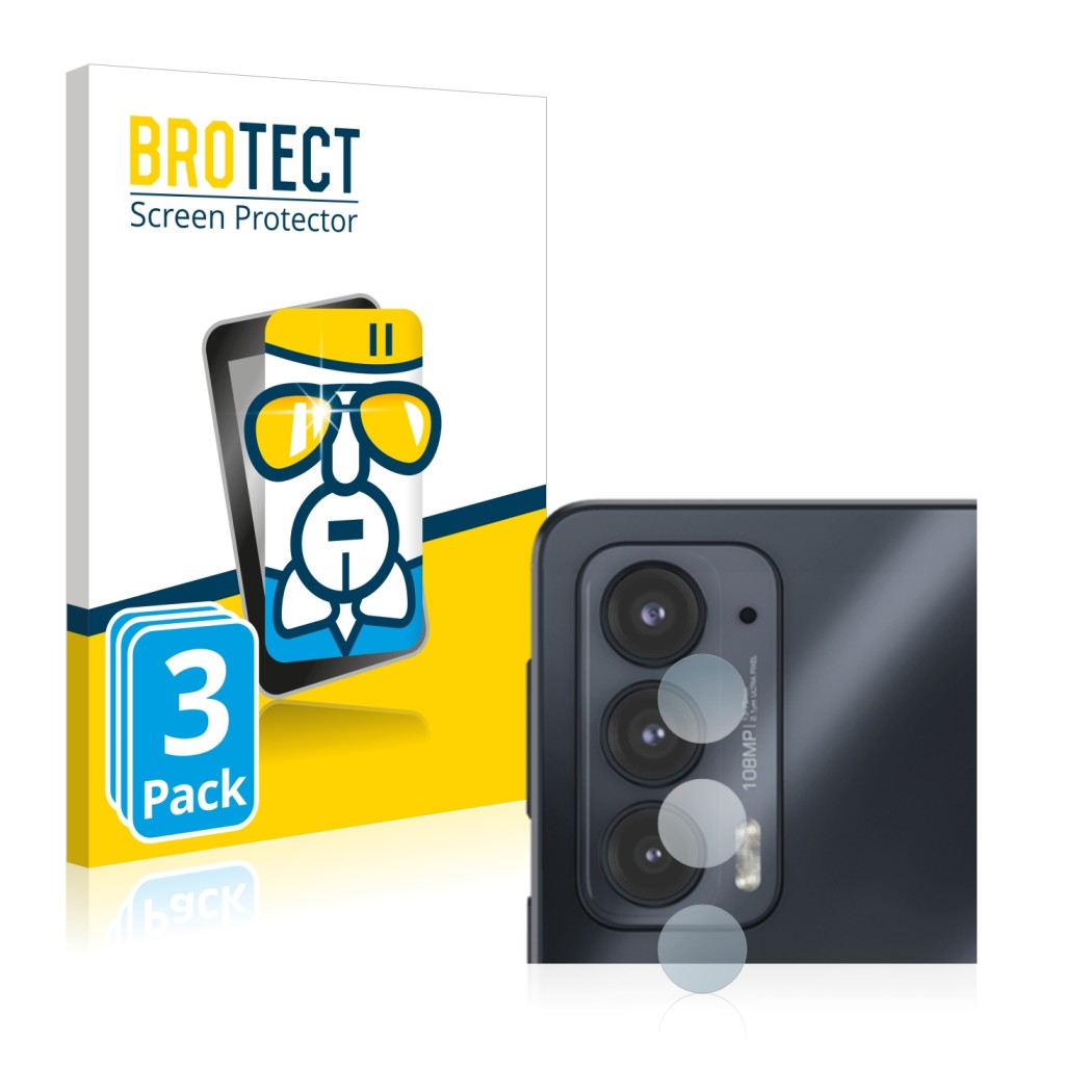 Vorderseite einer Produktverpackung mit dem Markenlogo BROTECT. Daneben ist das Gerät Motorola Edge 20 (NUR Kameraschutz) mit 