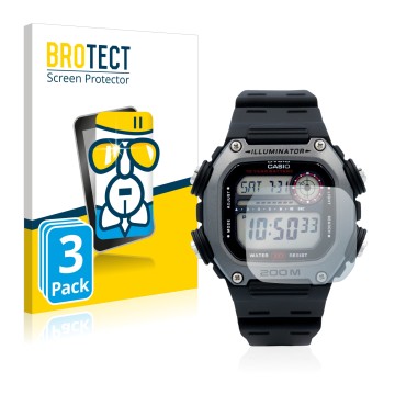 Parte frontale di una confezione del prodotto con il logo del marchio BROTECT. Accanto è raffigurato il dispositivo Casio DW-2