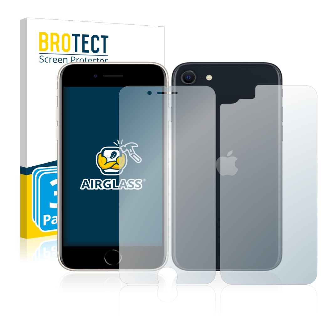 Face avant d’un emballage produit avec le logo de la marque BROTECT. À côté, l’appareil Apple iPhone SE 3 2022 (Avant+Arrière)