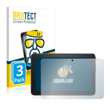 Front side of a product packaging with the brand logo BROTECT. Next to it is the device Amazon Fire 7 2022 shown with the corr