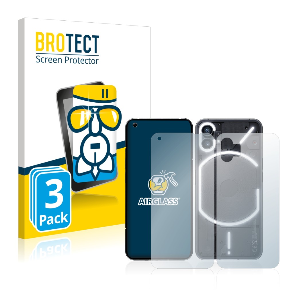 Front side of a product packaging with the brand logo BROTECT. Next to it is the device Nothing Phone (1) (Front+Back) shown w
