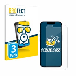 Front side of a product packaging with the brand logo BROTECT. Next to it is the device Apple iPhone 14 shown with the corresp