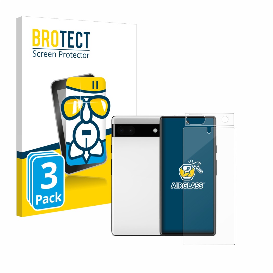 Vorderseite einer Produktverpackung mit dem Markenlogo BROTECT. Daneben ist das Gerät Google Pixel 6a (Display+Kamera) mit dem