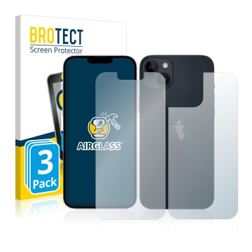 Front side of a product packaging with the brand logo BROTECT. Next to it is the device Apple iPhone 14 (Front+Back) shown wit