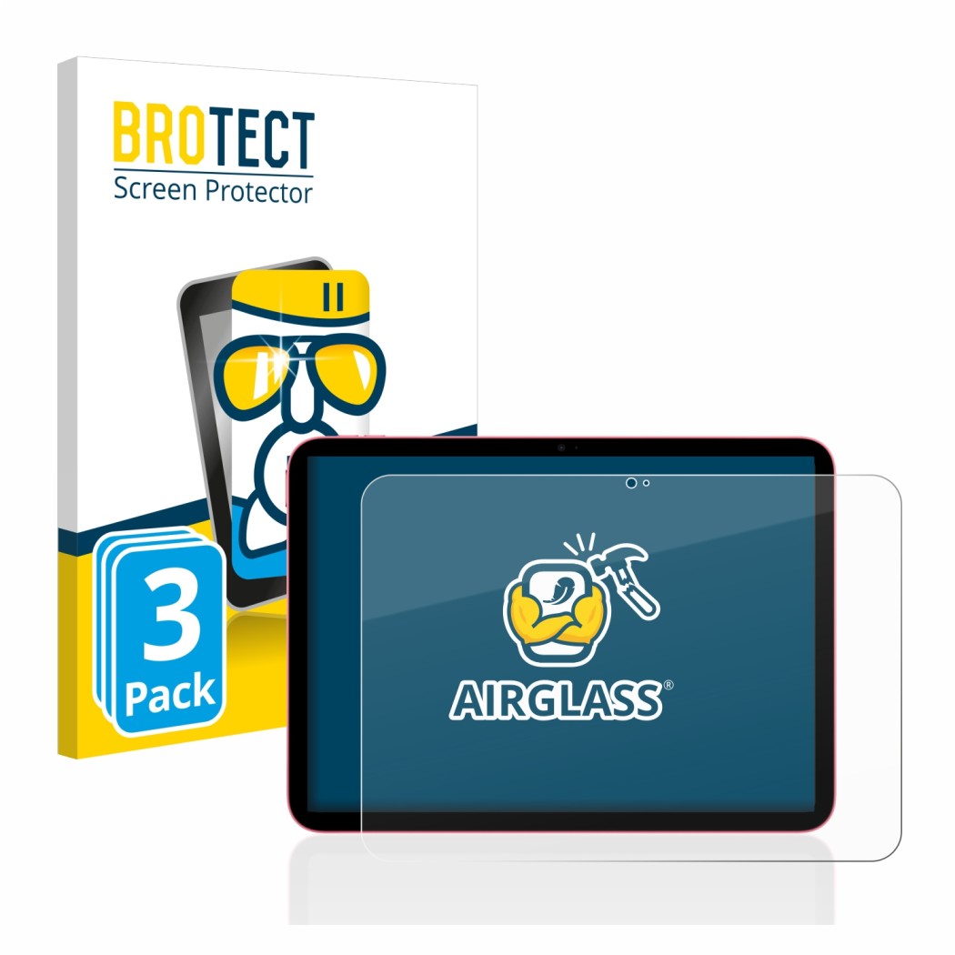 Parte frontal de un envase de producto con el logotipo de la marca BROTECT. Al lado se muestra el dispositivo Apple iPad 10.9