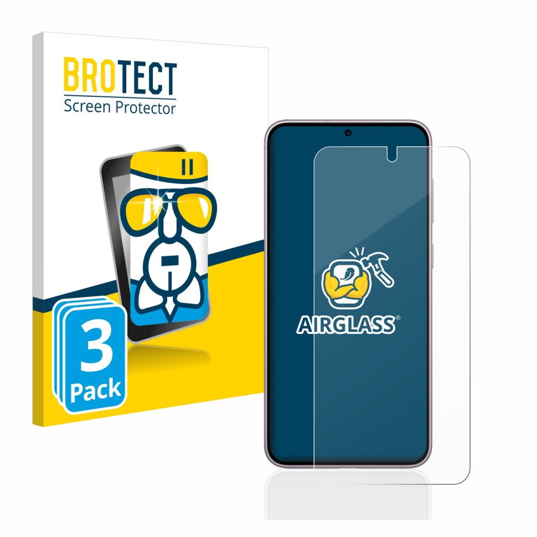 Front side of a product packaging with the brand logo BROTECT. Next to it is the device Samsung Galaxy S23 shown with the corr