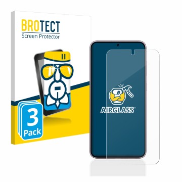 Front side of a product packaging with the brand logo BROTECT. Next to it is the device Samsung Galaxy S23 shown with the corr