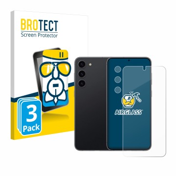Front side of a product packaging with the brand logo BROTECT. Next to it is the device Samsung Galaxy S23 (Front+Camera) show