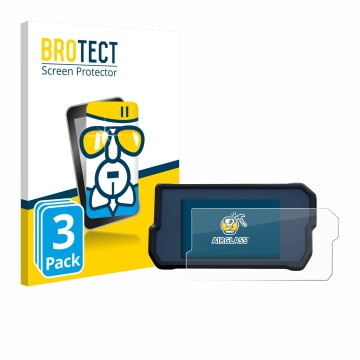 Parte frontal de un envase de producto con el logotipo de la marca BROTECT. Al lado se muestra el dispositivo KTM 390 Duke 201